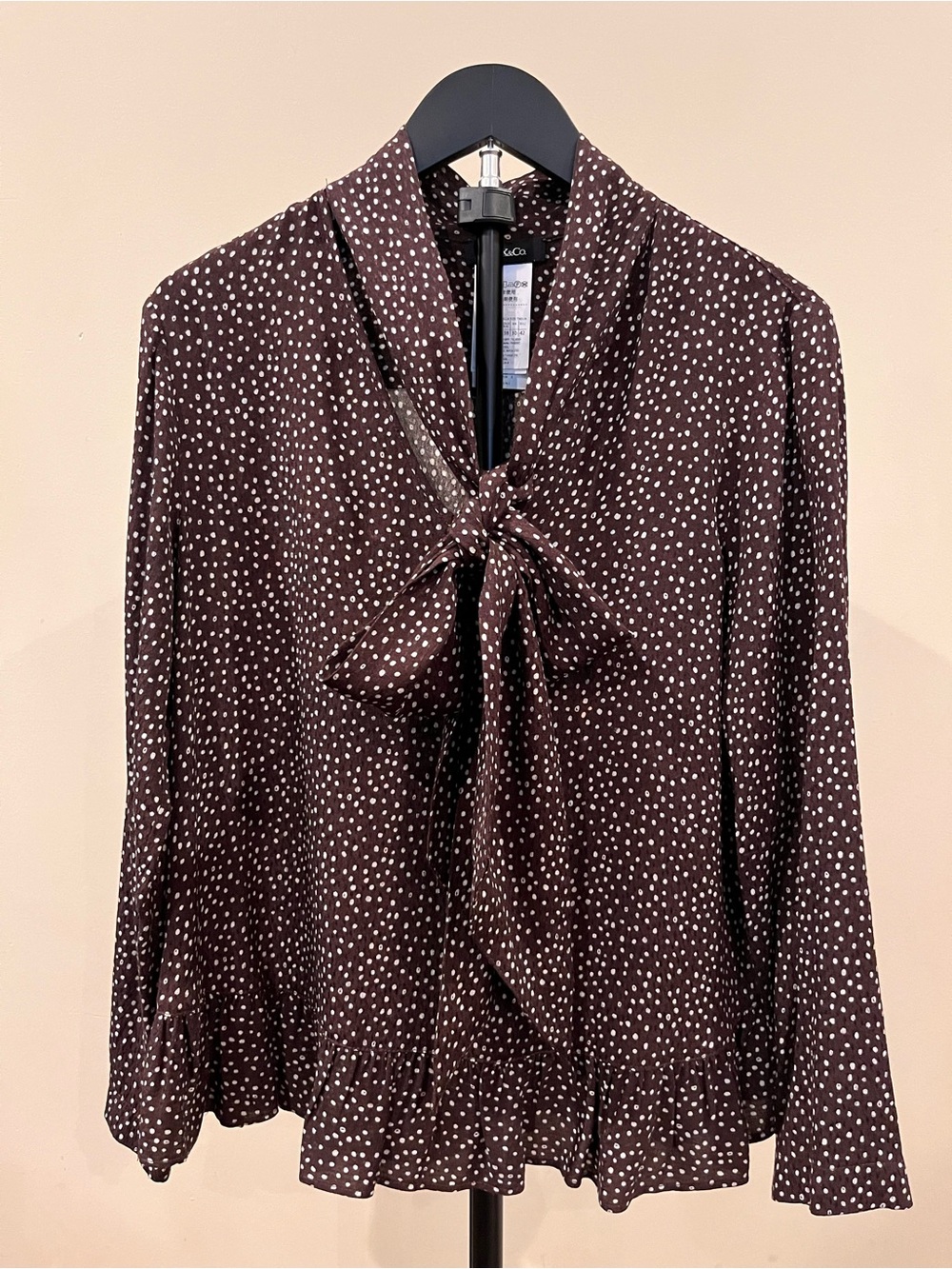 MAX&Co. by Max Mara Italian Chocolate Polka Dot Ruffle Blouse Tie Neck 6 (IT 40)